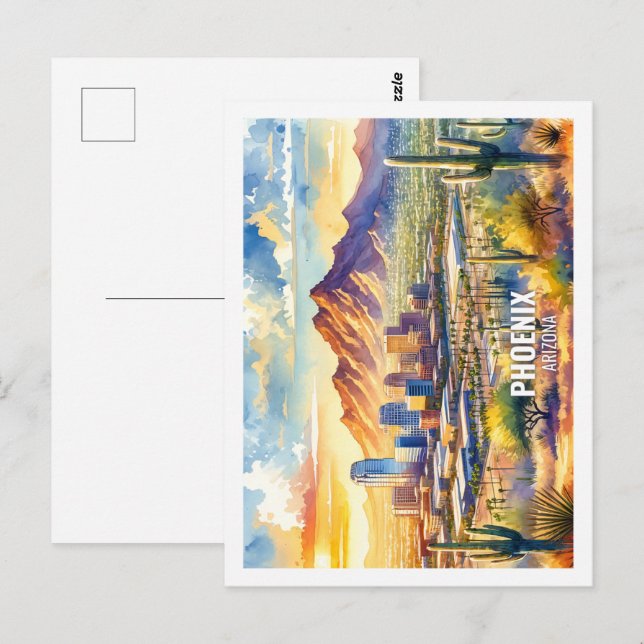 Carte Postale Phoenix Arizona USA Fameux Place aquarelle (Devant / Derrière)