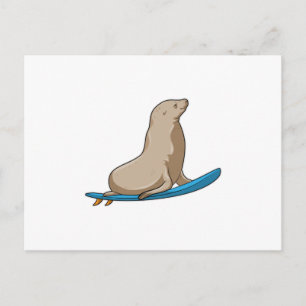 Carte Postale Phoque en surfeur avec planche de surf