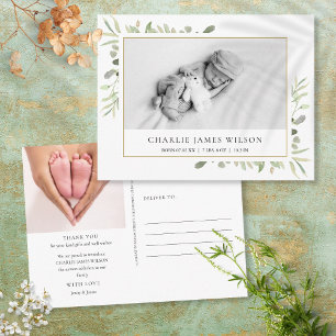 Carte Postale Photo bébé Aquarelle Verdure Naissance Merci Po