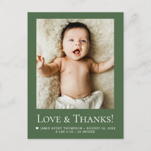 Carte Postale Photo Bébé Vert Forêt Amour & Merci Moderne 