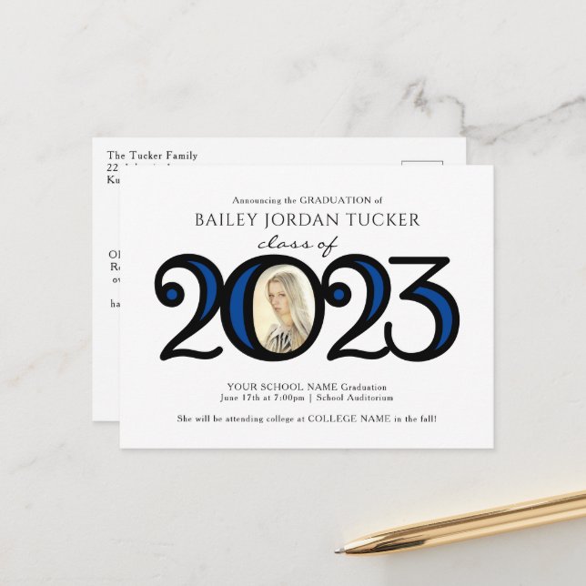 Carte Postale Photo Blue Graduation Faire-part moderne 2022 (Devant/Arrière en situation)