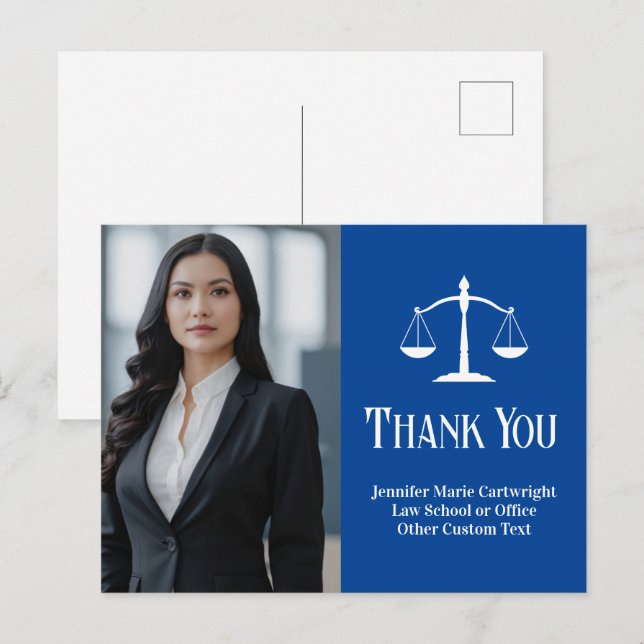 Carte Postale Photo d'avocat Balance de la Justice Bleu Merci (Devant / Derrière)