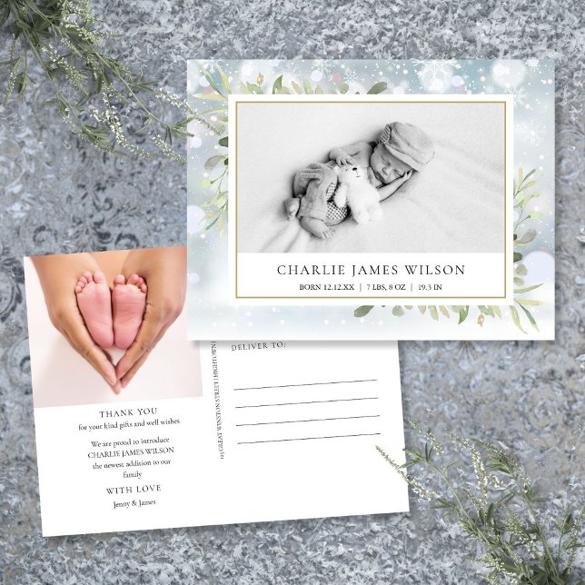 Carte Postale Photo de bébé avec verdure neige hiver naissance M (Baby Photo Greenery Snow Winter Birth Thank You Postcard)