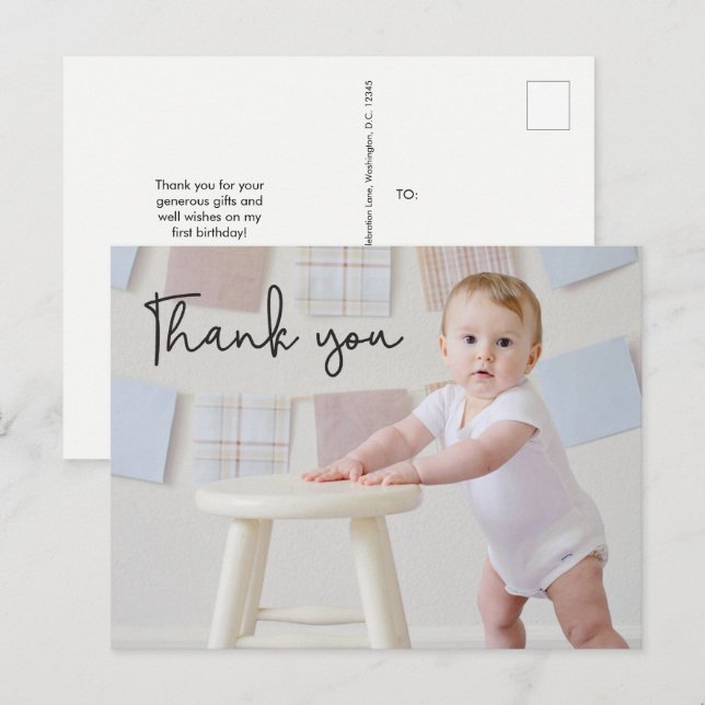 Carte Postale Photo de bébé garçon 1er anniversaire Mignon Merci (Devant / Derrière)