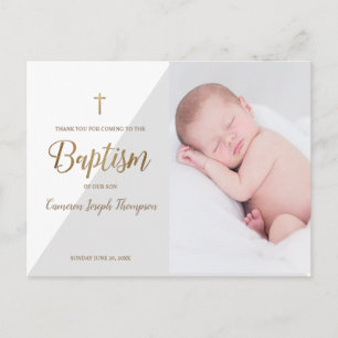 Carte Postale Photo de bébé gris moderne Baptême Merci