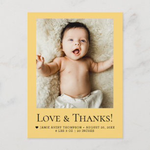 Carte Postale Photo de bébé Love and Thanks jaune orange Naissan