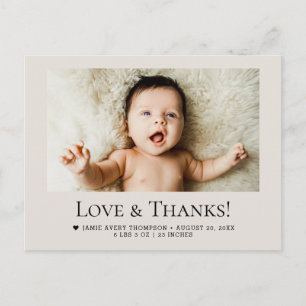 Carte Postale Photo de bébé Love and Thanks Statistiques de nais