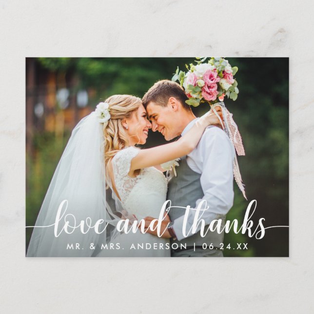 Carte Postale Photo de couple de mariage Love Thanks écriture mo (Devant)