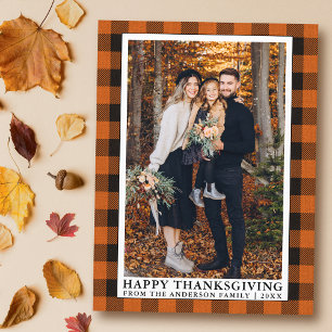 Carte Postale Photo de famille à carreaux orange Joyeux Thanksgi