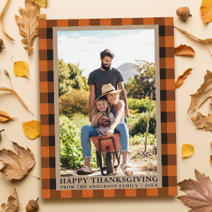 Carte Postale Photo de famille à carreaux orange Kraft Joyeux Th