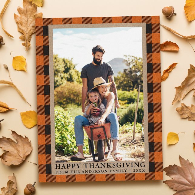 Carte Postale Photo de famille à carreaux orange Kraft Joyeux Th (Customize to change text size or text style.)