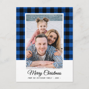 Carte Postale Photo de famille Bleu Buffalo Plaid Joyeux Noël