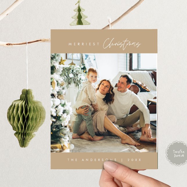 Carte Postale Photo de famille de Noël la plus agréable, bleu d' (Merriest Christmas Family Photo, Winter Taupe Brown Tan Postcard, Season Greeting Card
)