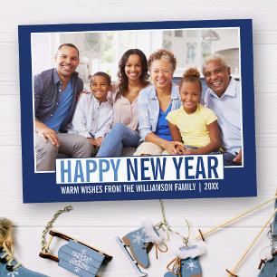 Carte Postale Photo de famille moderne Joyeux Nouvel An Bleu