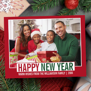 Carte Postale Photo de famille moderne Joyeux Nouvel An Rouge