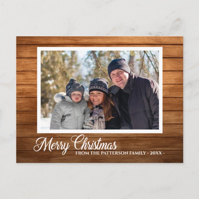 Carte Postale Photo de famille Noël Nom Style Bois Rustique (Devant)