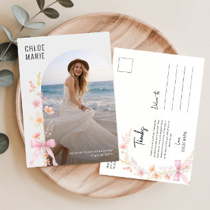 Carte Postale Photo de fleur sauvage Ruban rose Remerciements po