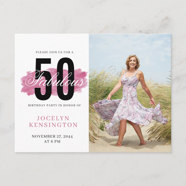 Carte Postale Photo de l'aquarelle rose chaud 50e anniversaire (Devant)