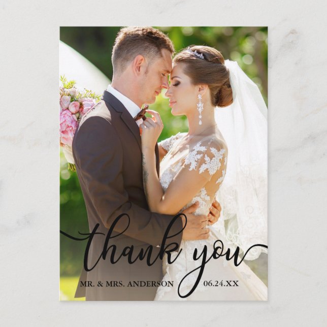 Carte Postale Photo de mariage élégant remerciement écriture noi (Devant)