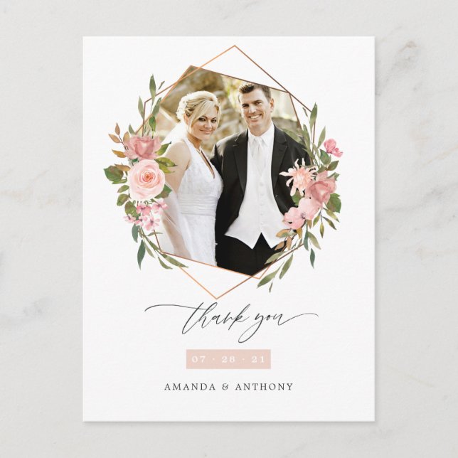 Carte Postale Photo de mariage géométrique Rose Gold et Blush (Devant)