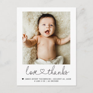 Carte Postale Photo de naissance de bébé avec amour et merci Cœu