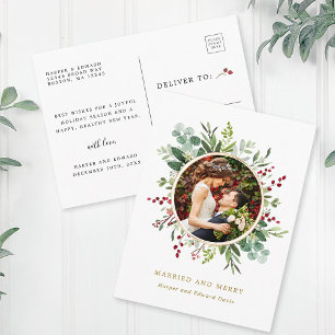 Carte Postale Photo de Noël botanique Or Mariés et Joyeux