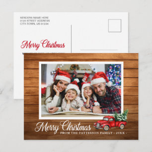 Carte Postale Photo de Noël Camion Rouge Style bois rustique