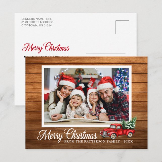 Carte Postale Photo de Noël Camion Rouge Style bois rustique (Devant / Derrière)