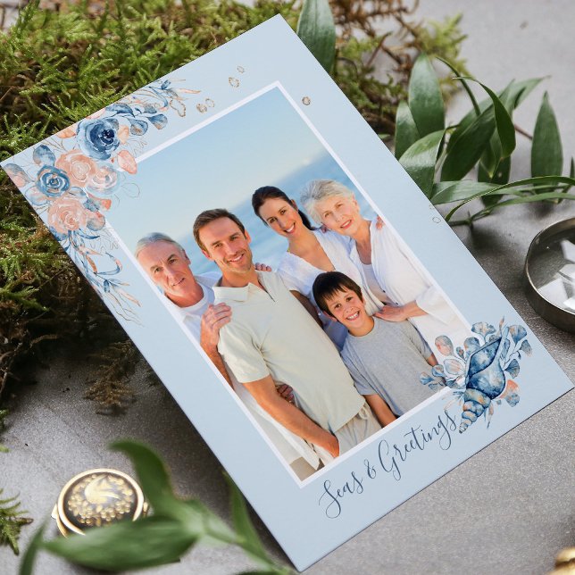 Carte Postale Photo de Noël chic nautique Mers et salutations (Créateur téléchargé)