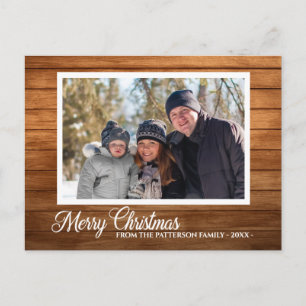 Carte Postale Photo de Noël Nom de famille Rustic Wood Style