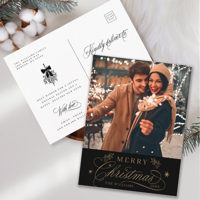 Carte Postale Photo de Noël romantique or et noir Joyeux Noël (Front & Back)