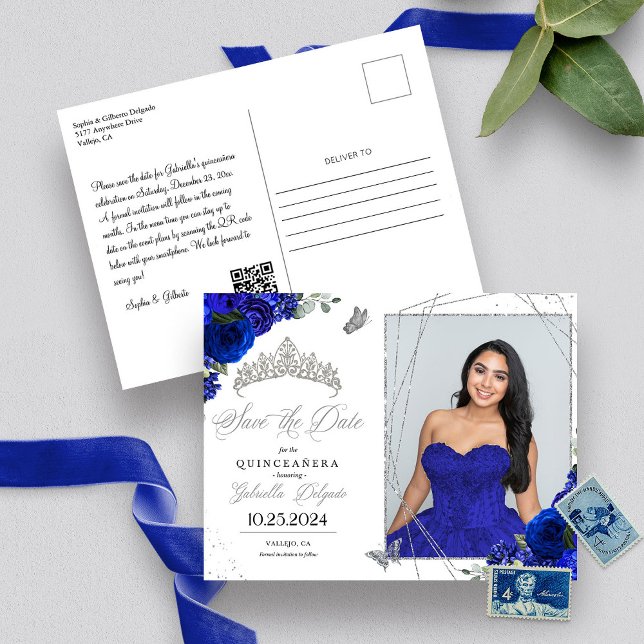 Carte Postale Photo de Quinceañera avec diadème bleu royal et ar (Créateur téléchargé)