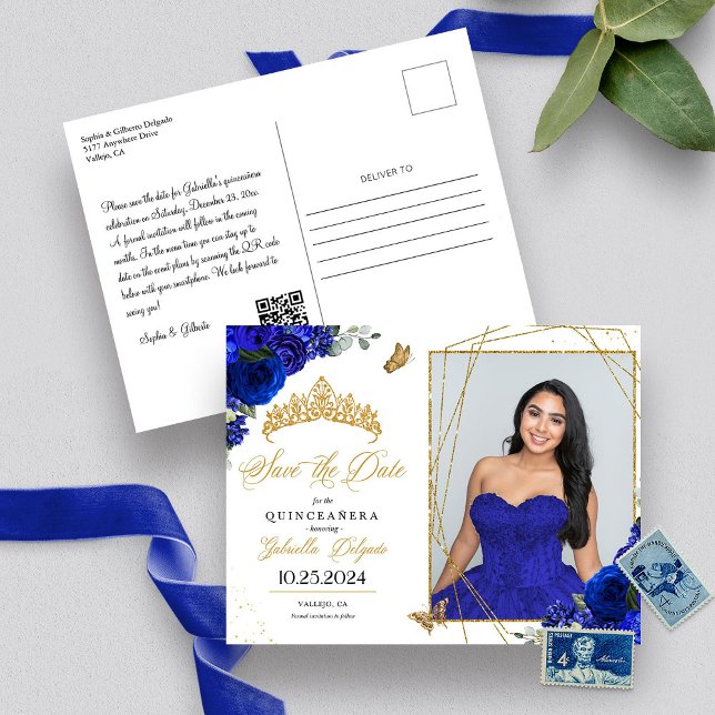 Carte Postale Photo de Quinceañera avec Diadème Bleu Royal et Or (Créateur téléchargé)