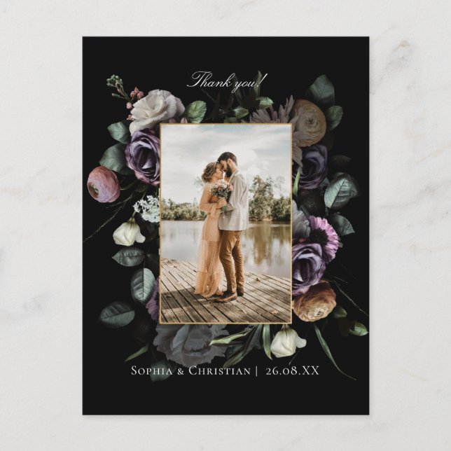 Carte Postale Photo de remerciement de mariage floral sombre et  (Devant)