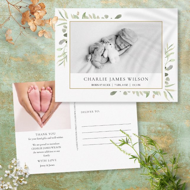 Carte Postale Photo d'enfant à l'aquarelle avec verdure  Naissan (Créateur téléchargé)