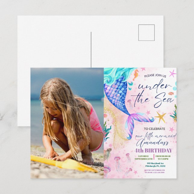 Carte Postale Photo en aquarelle de sirène Anniversaire sous la  (Devant / Derrière)