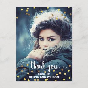 Carte Postale Photo Graduation Merci Faux Gold Foil Confetti