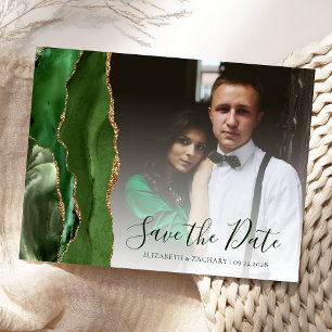 Carte Postale Photo Hunter Green Gold Agate Enregistrer la date