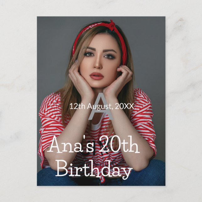 Carte Postale Photo monogramme joyeux 20e anniversaire gris blan (Devant)