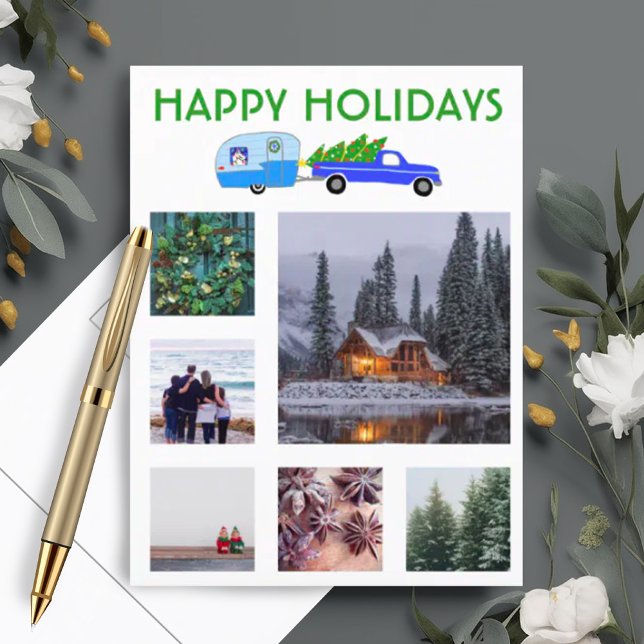 Carte Postale PHOTO PERSONNALISÉE Camion Camping Noël (Custom photo holiday postcard with cute camper and truck.)