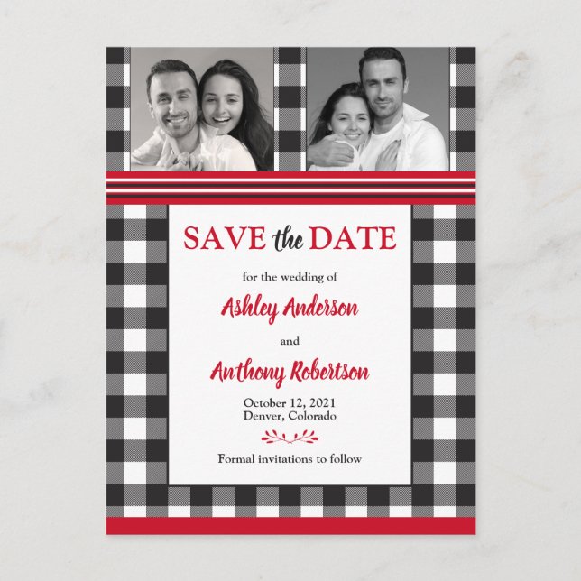 Carte Postale Photo Rustic Buffalo Plaid Mariage Date de sauvega (Devant)