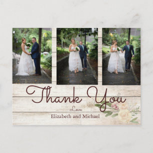 Carte Postale Photo Rustic Wood Floral Mariage Merci