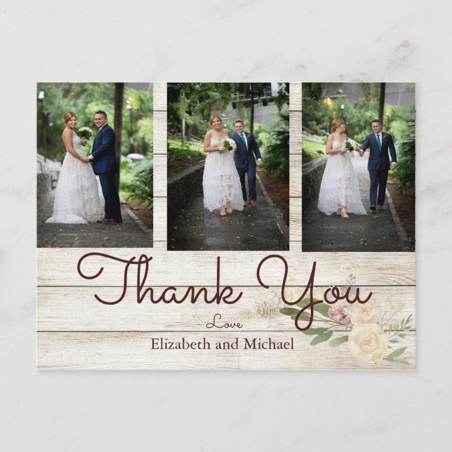 Carte Postale Photo Rustic Wood Floral Mariage Merci (Devant)