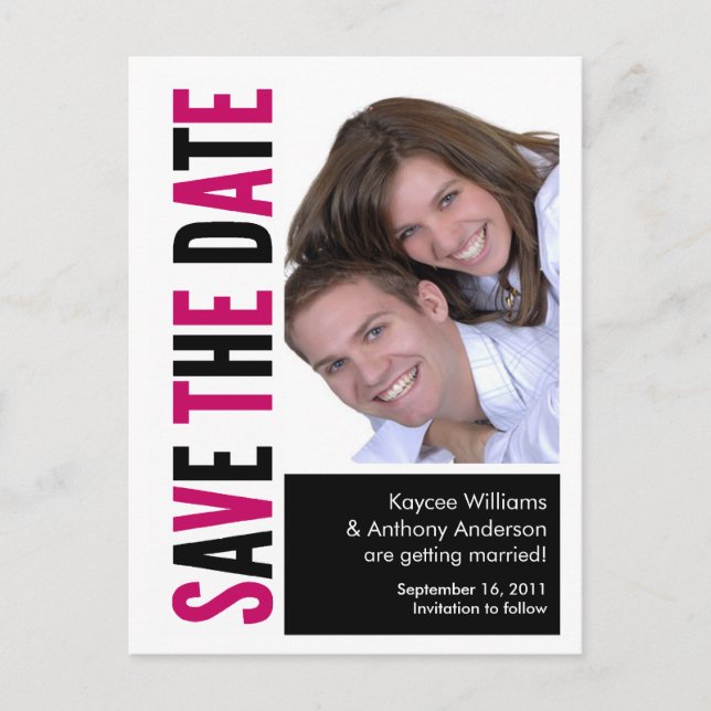 Carte postale photo 'Save The Date' rose et noir (Devant)