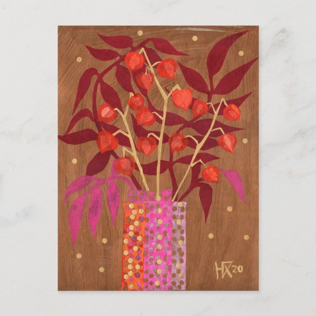 Carte Postale Physalis Chinese Lanterns Papier Collage Floral Ar (Devant)
