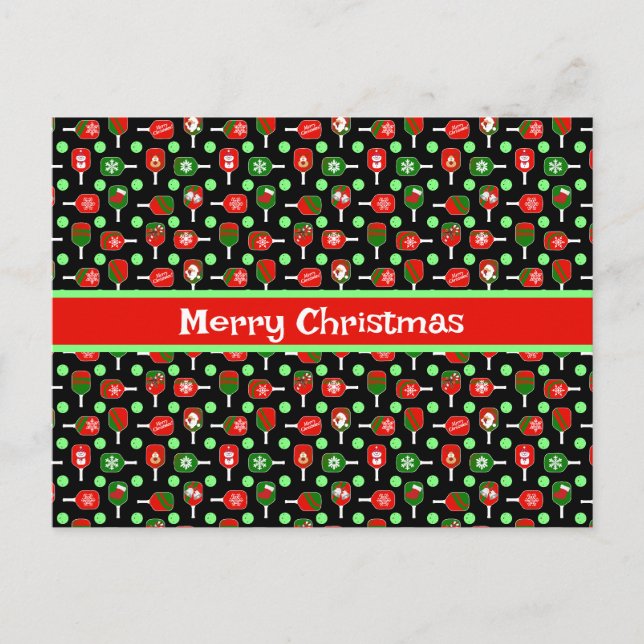 Carte Postale Pickleball de Noël Rouge Green Paddles Balls Noir (Devant)