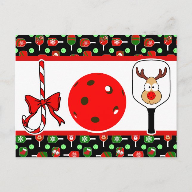 Carte Postale Pickleball Joie fête de Noël Rouge Vert sur Noir (Devant)