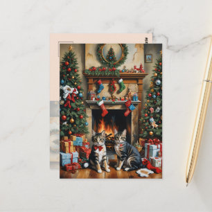Carte Postale Pièce décorée de façon festive, cheminée, chats, v