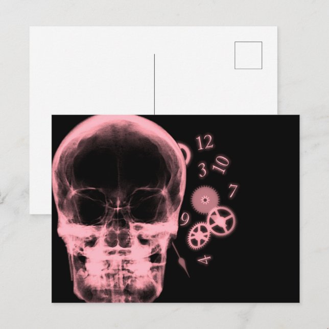 Carte Postale Pièces de crâne et d'horloge à rayons X - Rouge (Devant / Derrière)