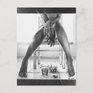 Carte Postale Pieds Femme, verre et dessin au crayon rose